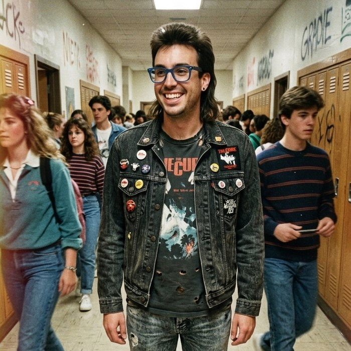Cristian déguisé en lycéen des années 80, dans un couloir d'école